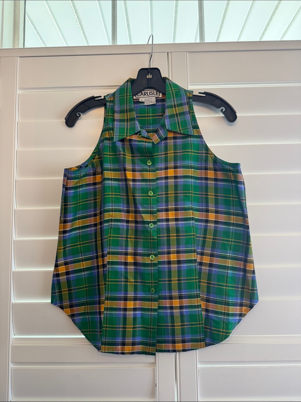 Carlisle Green Plaid Sleeveless Button Front Camisole with Yellow & Blue Accents